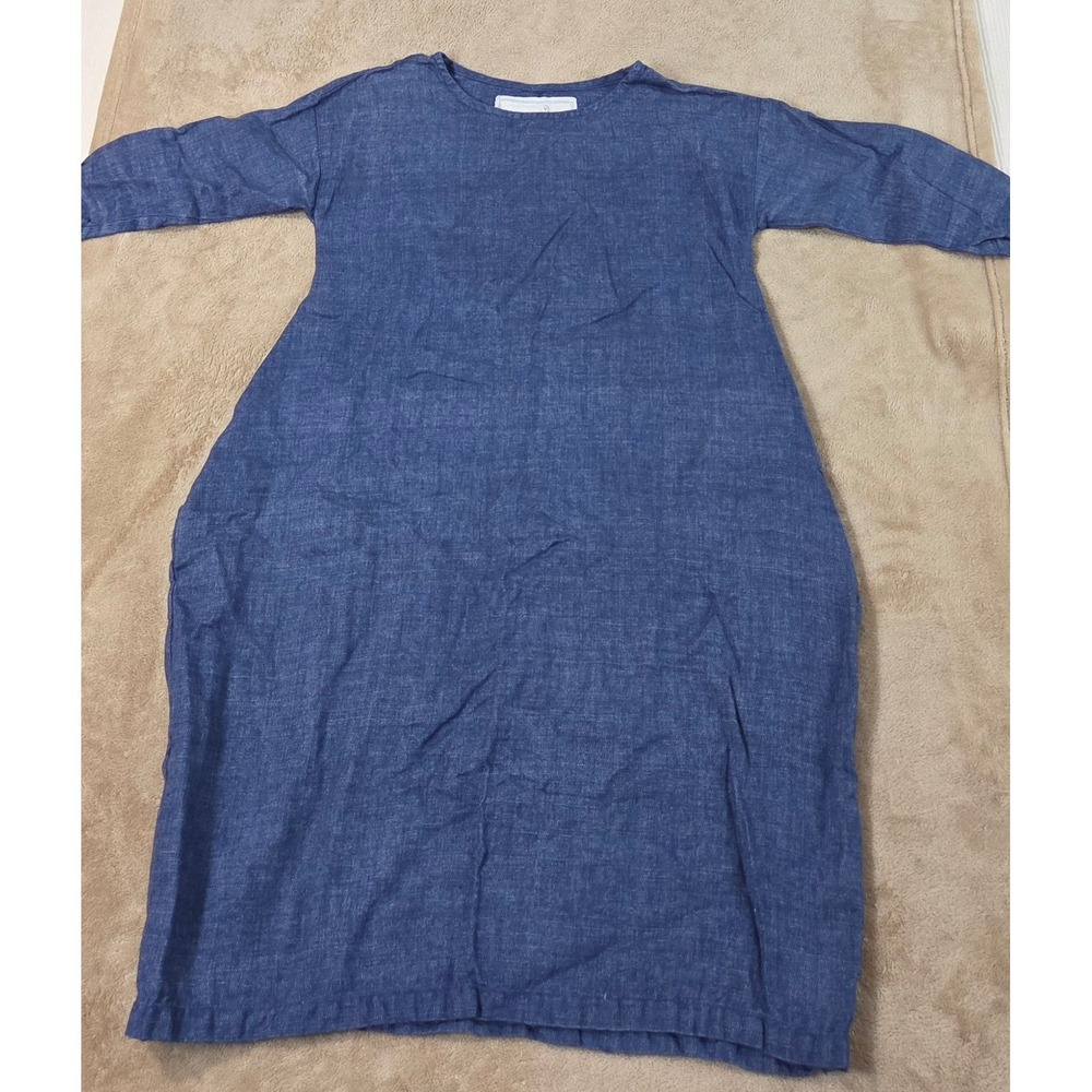 Not Perfect Linen Emilie Cut Loose Dress Blue Linen Wool Blend Pockets XS